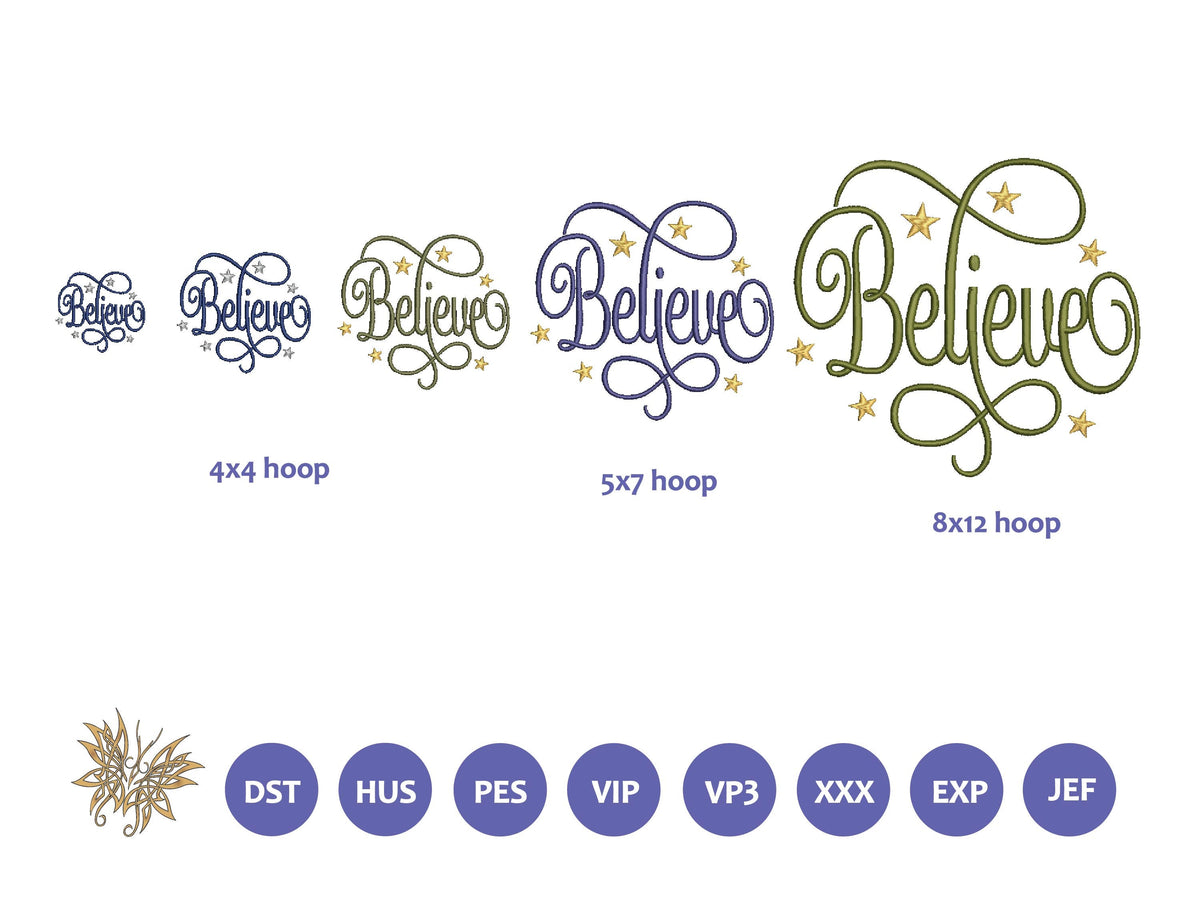 Elegant Script Believe Embroidery Machine Design, Inspirational Word in 5 sizes for Ornaments, Christmas Stockings, Tree Skirts, Home Decor