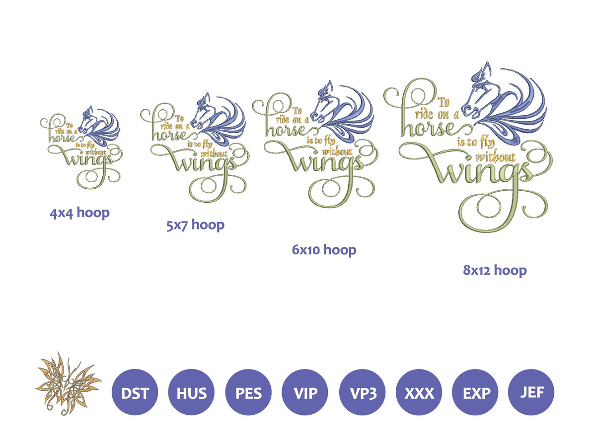 Horse Lover Embroidery Pattern, Ride a Horse Fly without Wings Machine Embroidery, Equestrian Memory Pillow, 4 sizes 8 formats PES DST VIP