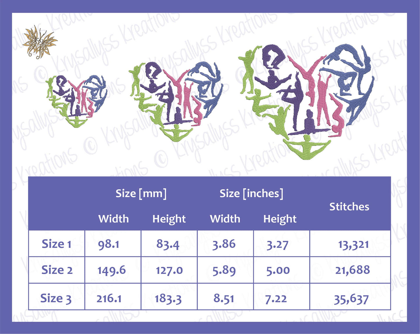 Gymnastics Heart Machine Embroidery Design File for the Perfect Gymnast Parent Gift. 4x4, 5x7, and 8x12 hoop sizes, 8 formats. Download now