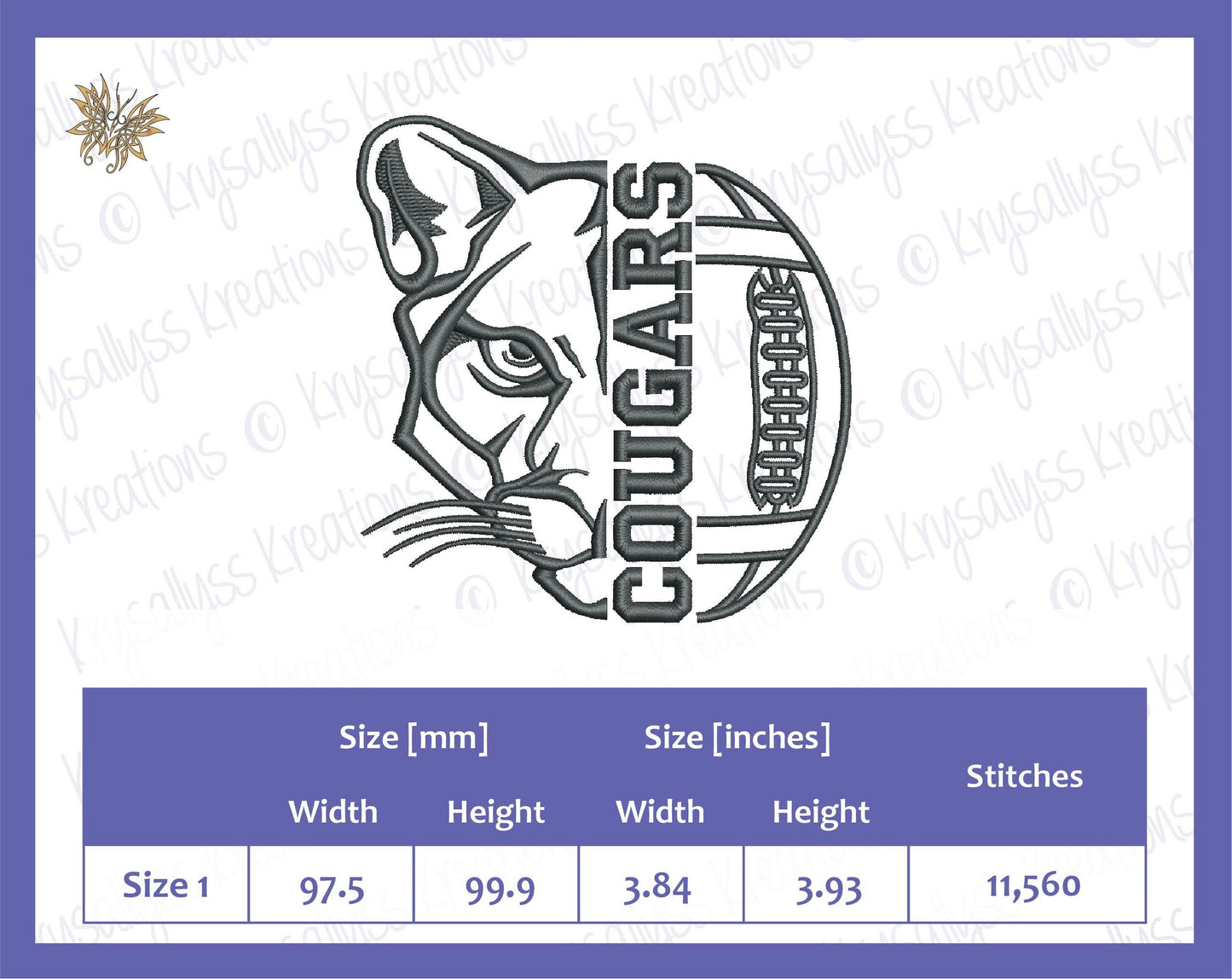 Cougars Football Machine Embroidery Design File. Stitches with minimal trims, available in 4x4 hoop size only and 8 formats. Download now