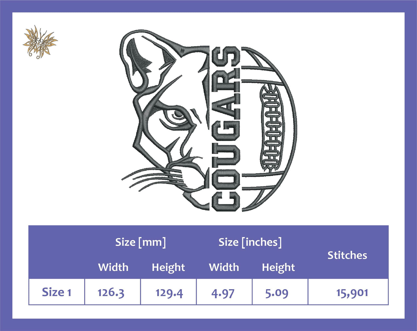 Cougars Football Machine Embroidery Design File. Stitches with minimal trims, available in 5"x5" hoop size only and 8 formats. Download now