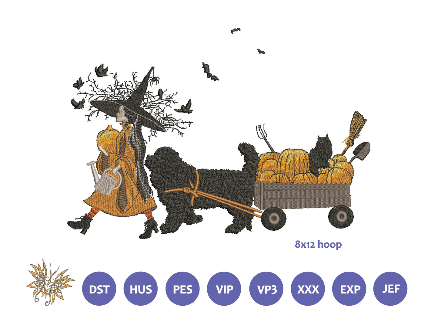 Witches Garden Machine Embroidery Design in 1 size and 8 formats, Autumn Pumpkins with dog and black cat All things Witchy, INSTANT DOWNLOAD