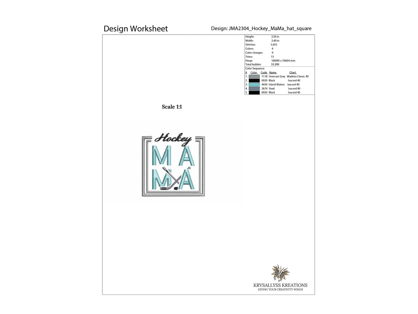 Square Hockey MaMa Machine Embroidery Design File 2.5 x 2.5 inches. Sized for left chest or hat. Download now, 8 formats