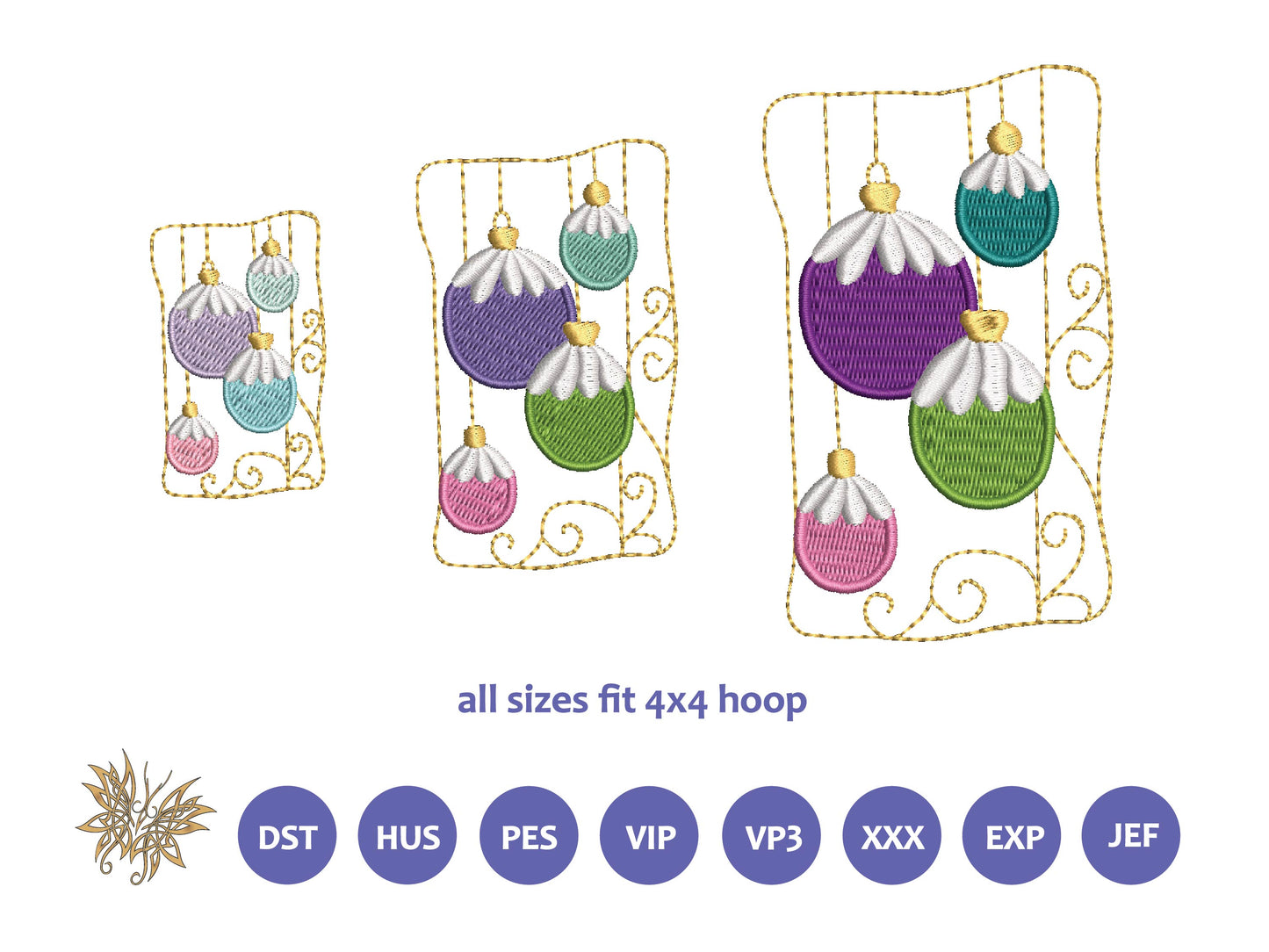 Small Hanging Ornaments Embroidery Design Pattern for Ornaments, Mug Rugs, Mantel Pillows in 3 sizes and 8 formats all for 4x4 hoop