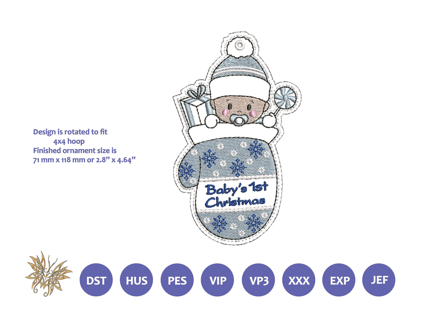 Baby"s 1st Christmas In-the-hoop Embroidery Design with bonus 2022 tag, Fits 4 x 4 hoop, 8 Formats including PES, DST, vp3 Instant Download
