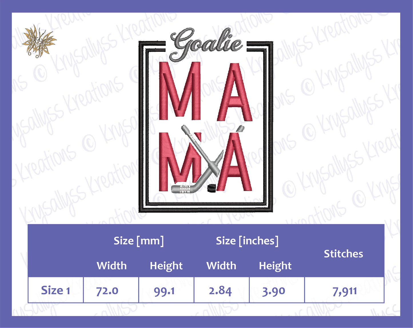 Goalie MaMa Machine Embroidery Design File for 4x4 hoop. Sized for left chest or sleeve of a jacket or sweatshirt. Download now, 8 formats