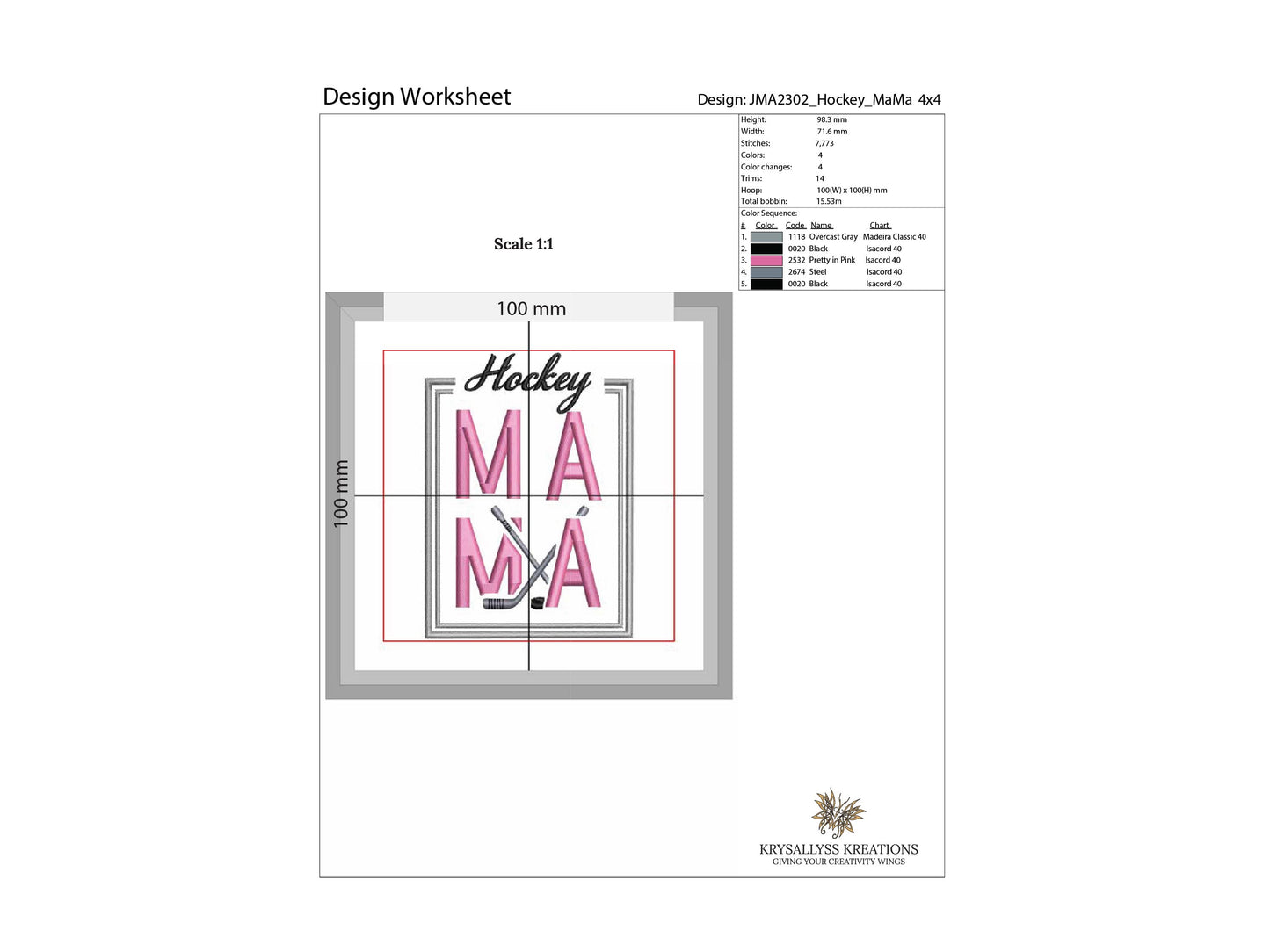 Hockey MaMa Machine Embroidery Design File for 4x4 hoop. Sized for left chest or sleeve of a jacket or sweatshirt. Download now, 8 formats