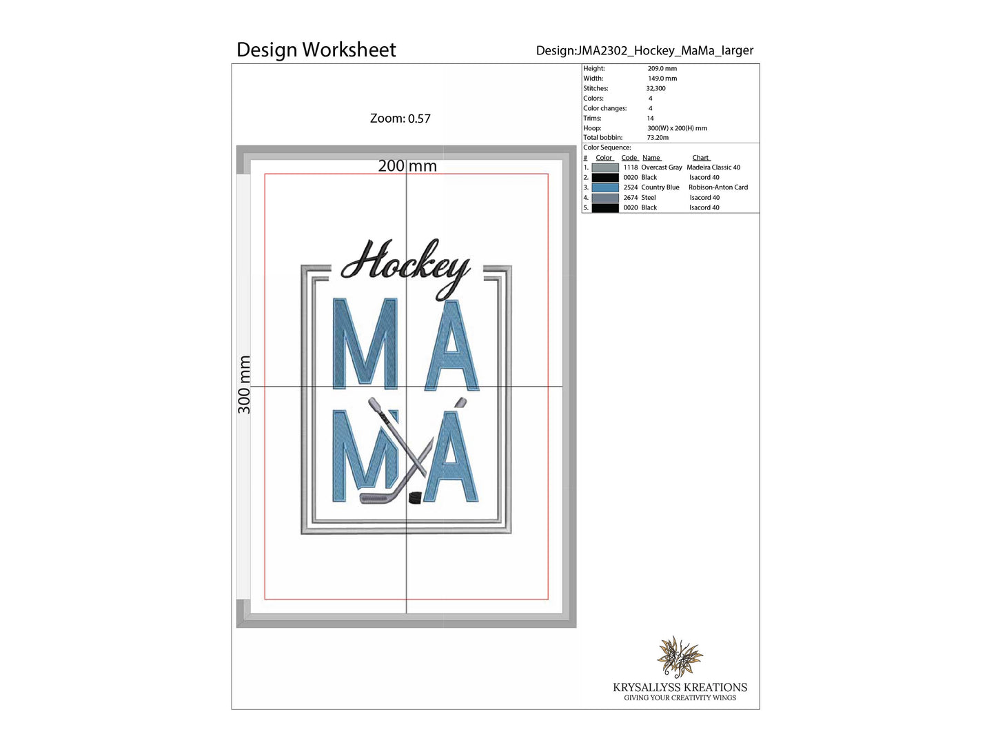 Hockey MaMa Machine Embroidery Design File for 8x12 hoop. Sized for front or back of a jacket or sweatshirt. Download now, 8 formats