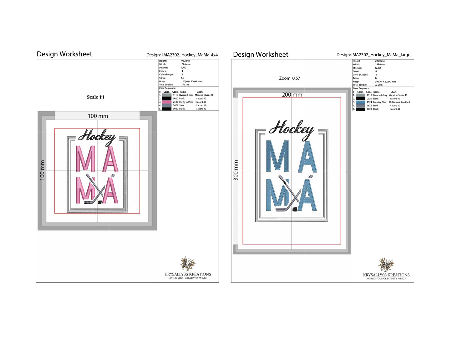 Hockey MaMa Machine Embroidery Design File for 4x4 and 8x12 hoops. Sized for left chest, sleeve and full front or back jacket or sweatshirt