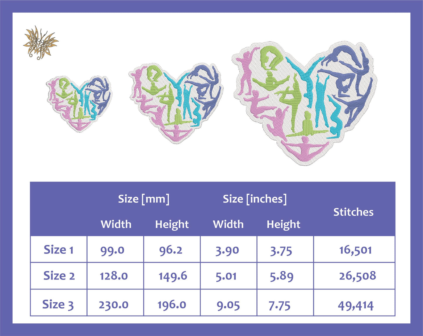 Gymnastics Heart Machine Embroidery Design File includes laydown for pile. Perfect Gymnast Lover Gift.  4x4, 5x7, 8x12 hoop sizes, 8 formats