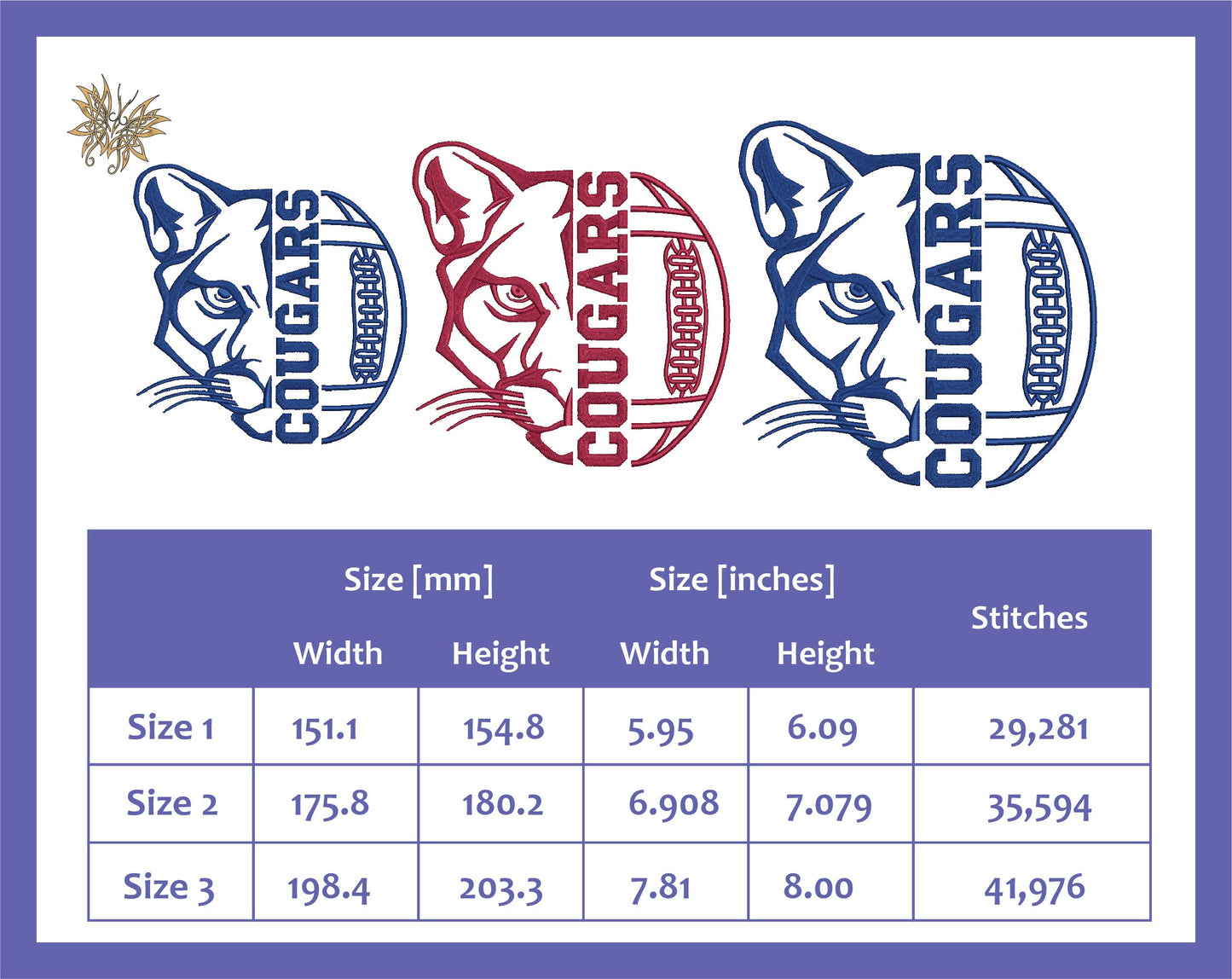 Cougars Football Machine Embroidery Design File. Stitches with minimal trims, 3 sizes that fit 8x12 hoop size only 8 formats. Download now