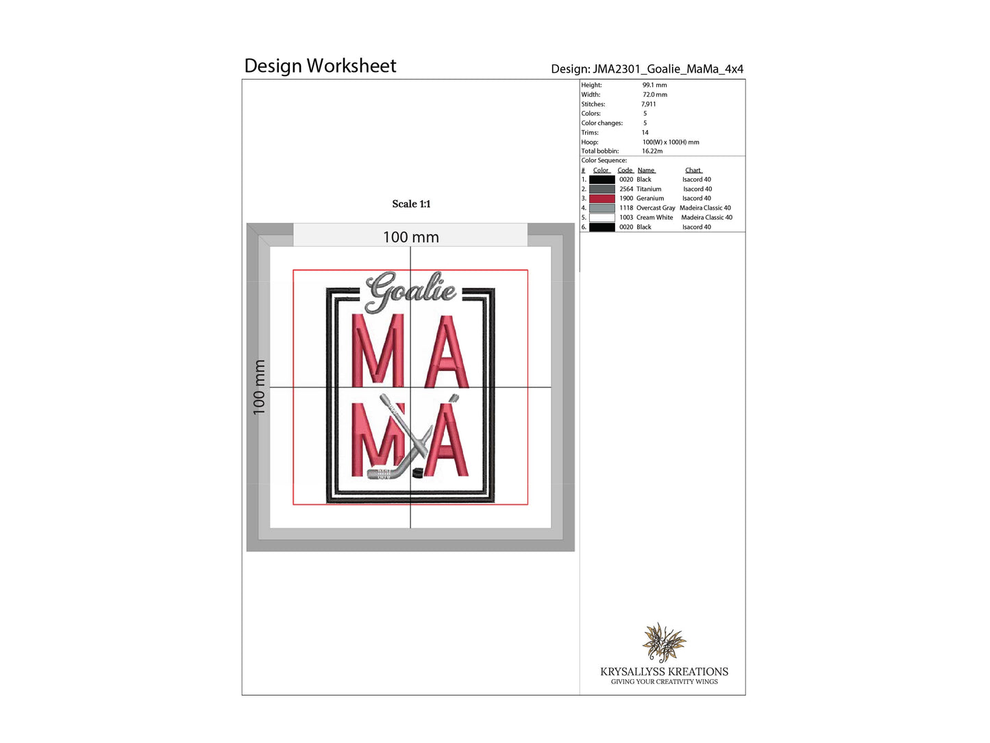 Goalie MaMa Machine Embroidery Design File for 4x4 hoop. Sized for left chest or sleeve of a jacket or sweatshirt. Download now, 8 formats