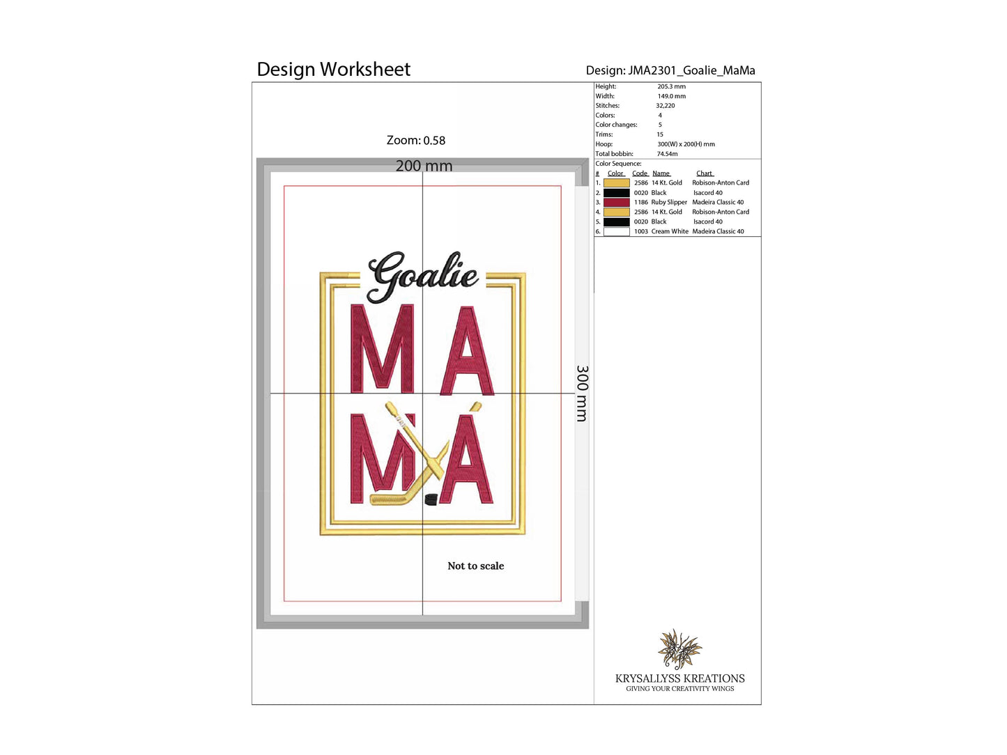 Goalie MaMa Machine Embroidery Design File for 8x12 hoop. Sized for front or back of a jacket or sweatshirt. Download now, 8 formats