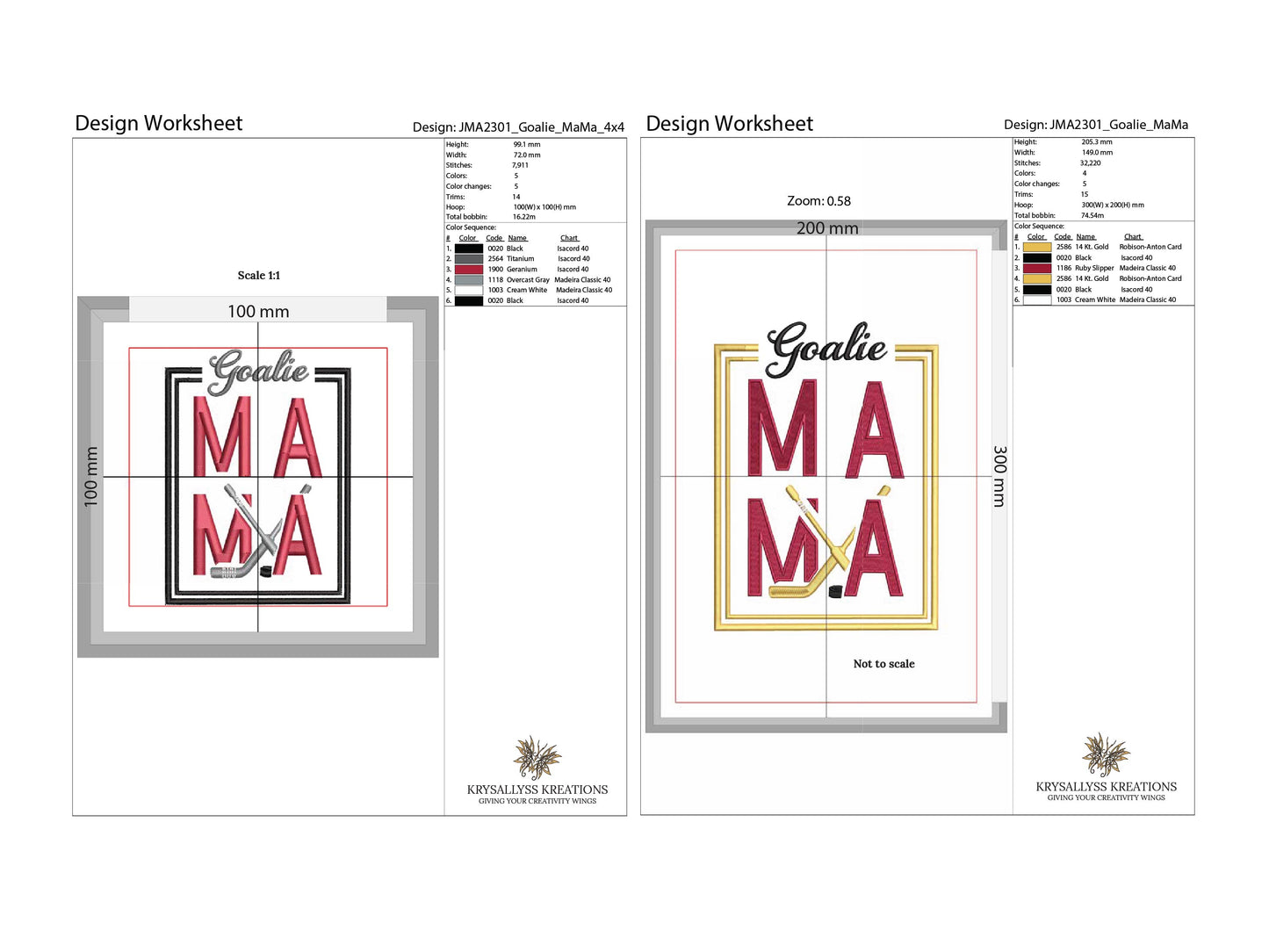 Goalie MaMa Machine Embroidery Design File for 4x4 and 8x12 hoops. Sized for left chest, sleeve and full front or back jacket or sweatshirt