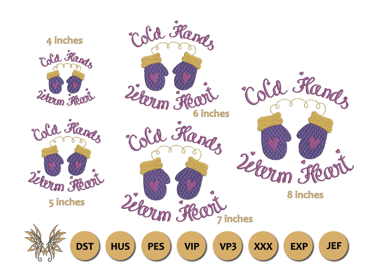 Cold Hands Warm Heart Mittens Machine Embroidery Design in 5 Sizes and 8 Formats.  Sweatshirt file for teens and tweens. Instant Download