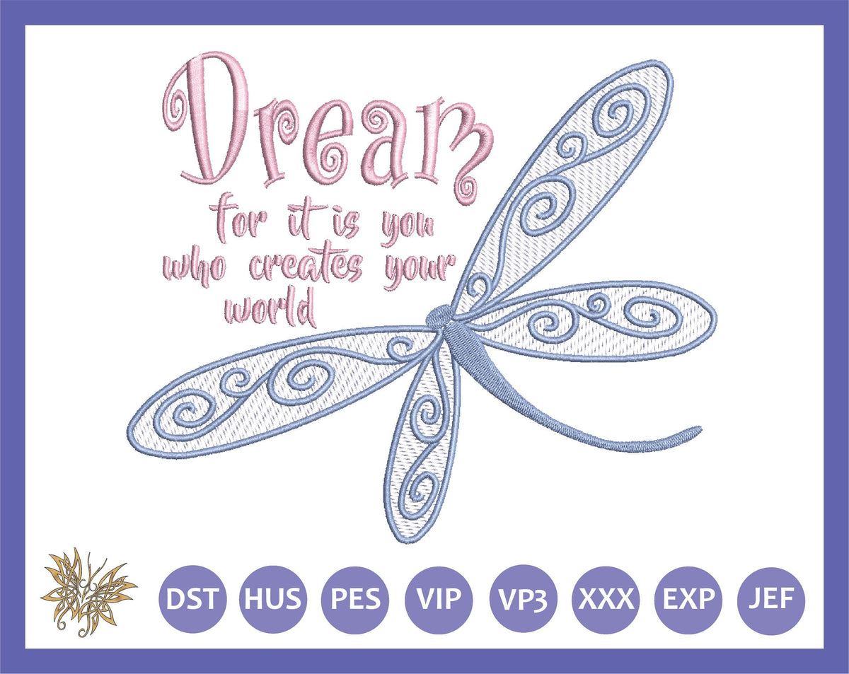 Dragonfly Dreams Create Your World Machine Embroidery Design, Tween or Teen Reading Pillow Embroidery, 3 Sizes, 8 Formats, INSTANT DOWNLOAD