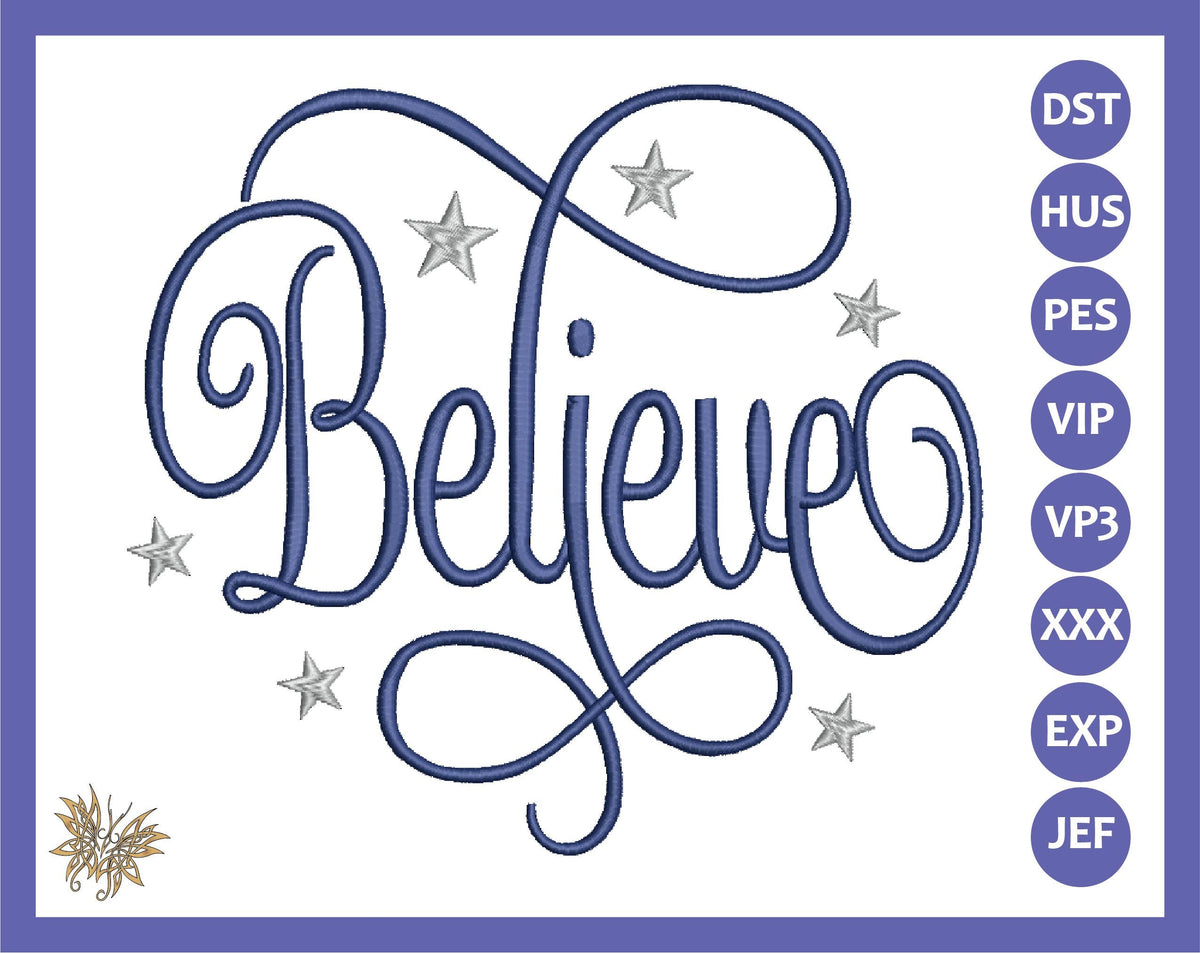 Elegant Script Believe Embroidery Machine Design, Inspirational Word in 5 sizes for Ornaments, Christmas Stockings, Tree Skirts, Home Decor