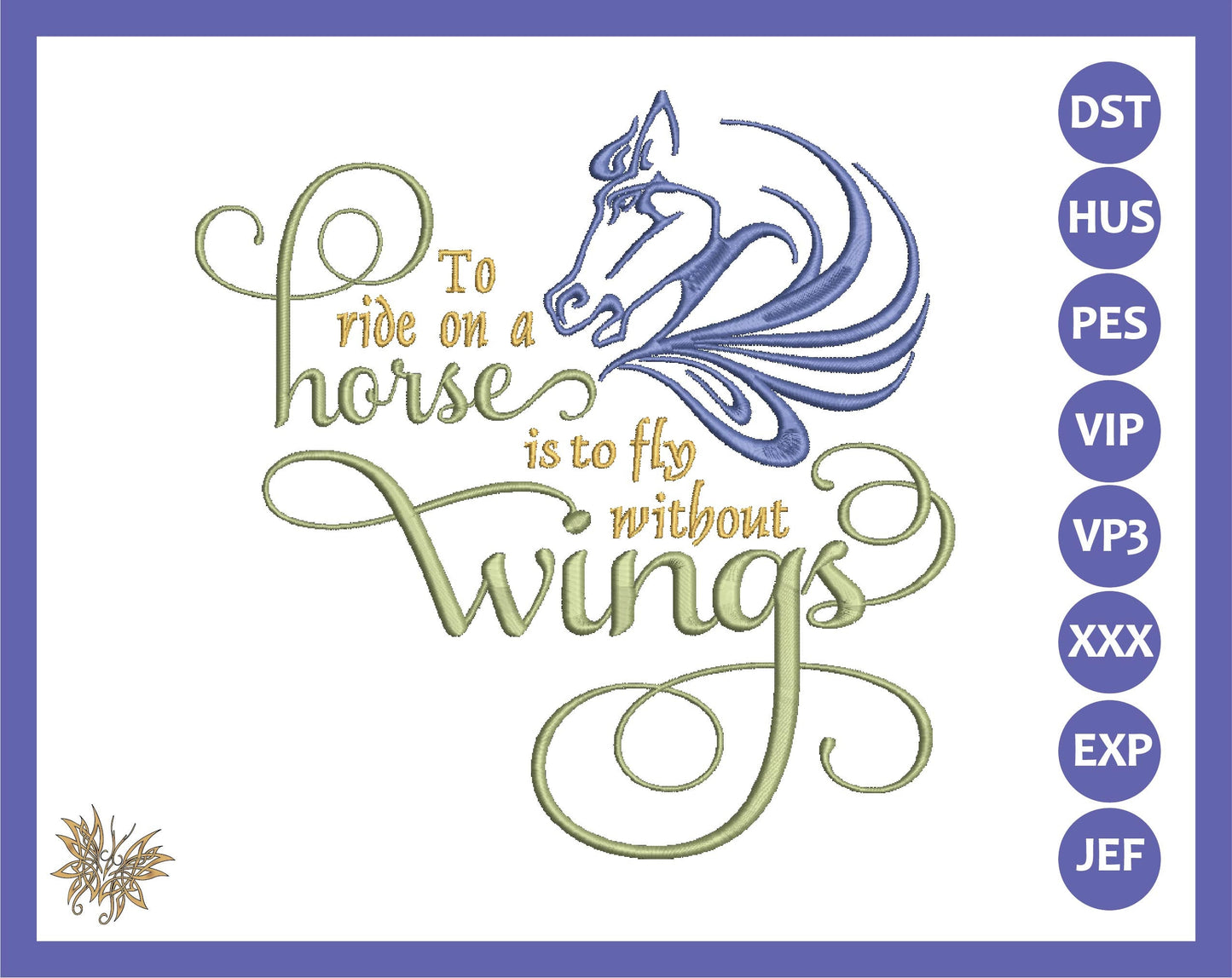Horse Lover Embroidery Pattern, Ride a Horse Fly without Wings Machine Embroidery, Equestrian Memory Pillow, 4 sizes 8 formats PES DST VIP