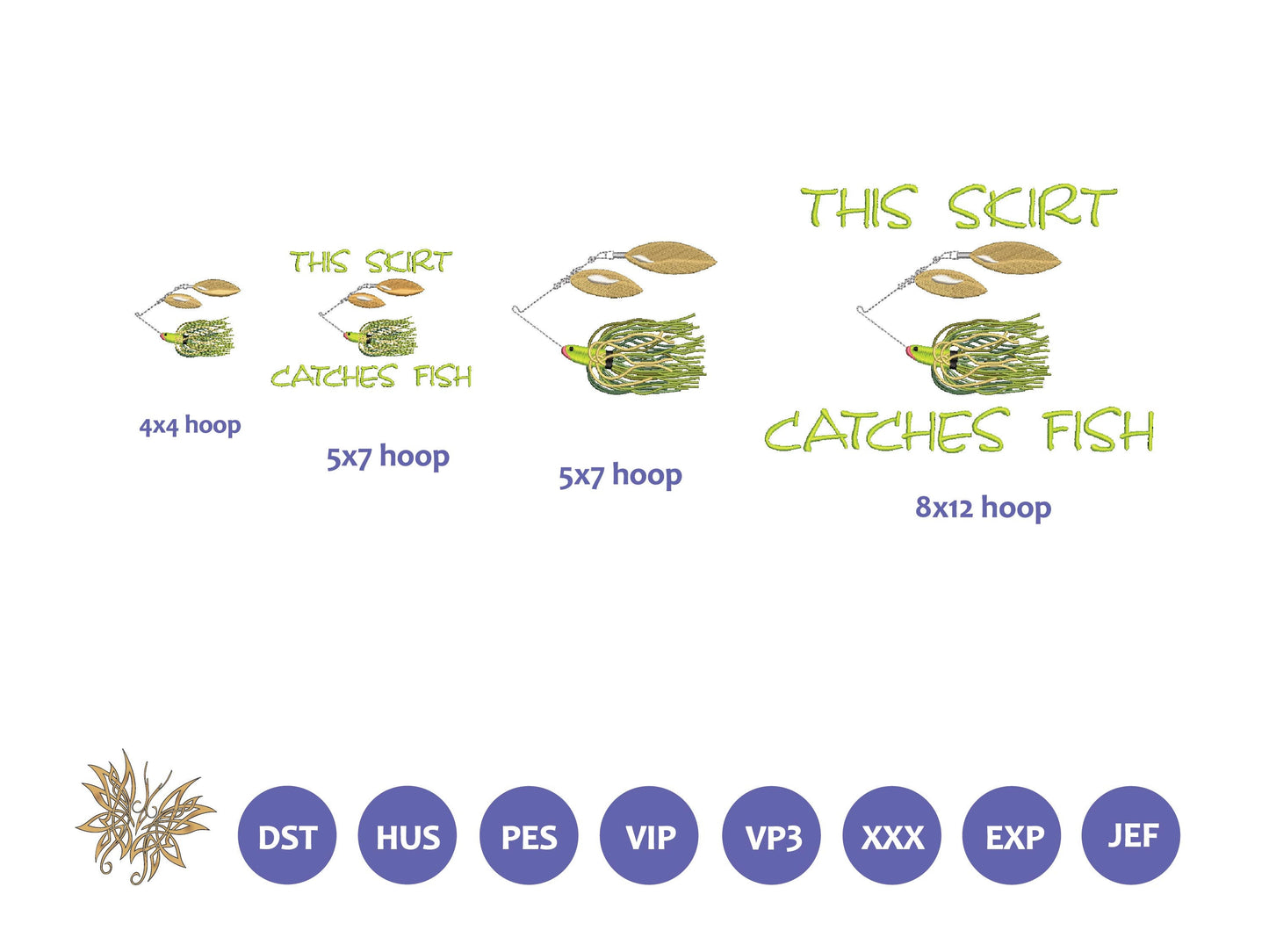 Spinner Bait Fishing Lure Machine Embroidery Design in 2 sizes and 8 formats with and without the text for Father, Son, Grandpa Fisherman