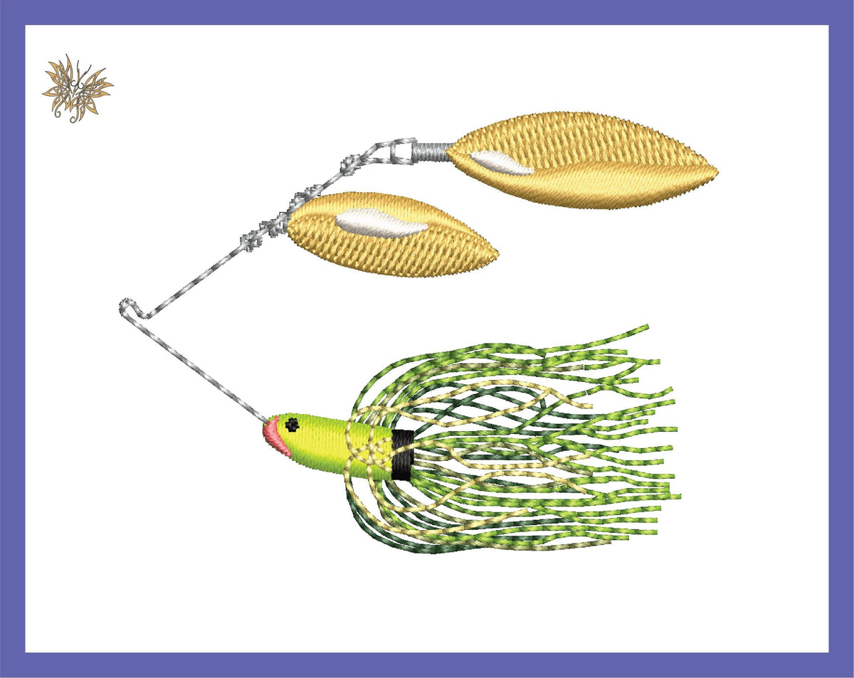 Spinner Bait Fishing Lure Machine Embroidery Design in 2 sizes and 8 formats with and without the text for Father, Son, Grandpa Fisherman