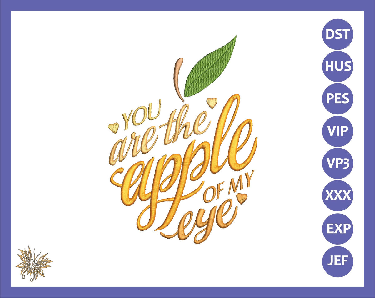 Apple Shaped Text Machine Embroidery Design with Inspirational Quote for the Apple of your Eye, DIY Teacher Gift, Saying in apple shape