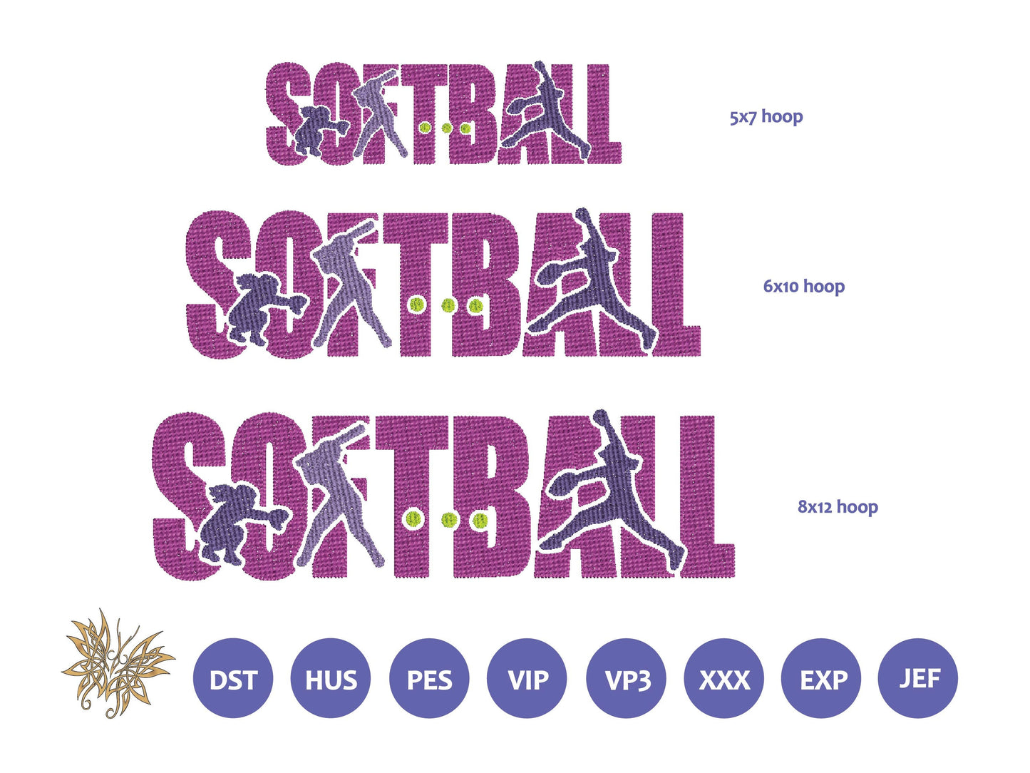 Softball Players Machine Embroidery Design Files with cutout text for the Perfect Softball Parent Gift and Swag.  3 sizes, 8 formats.