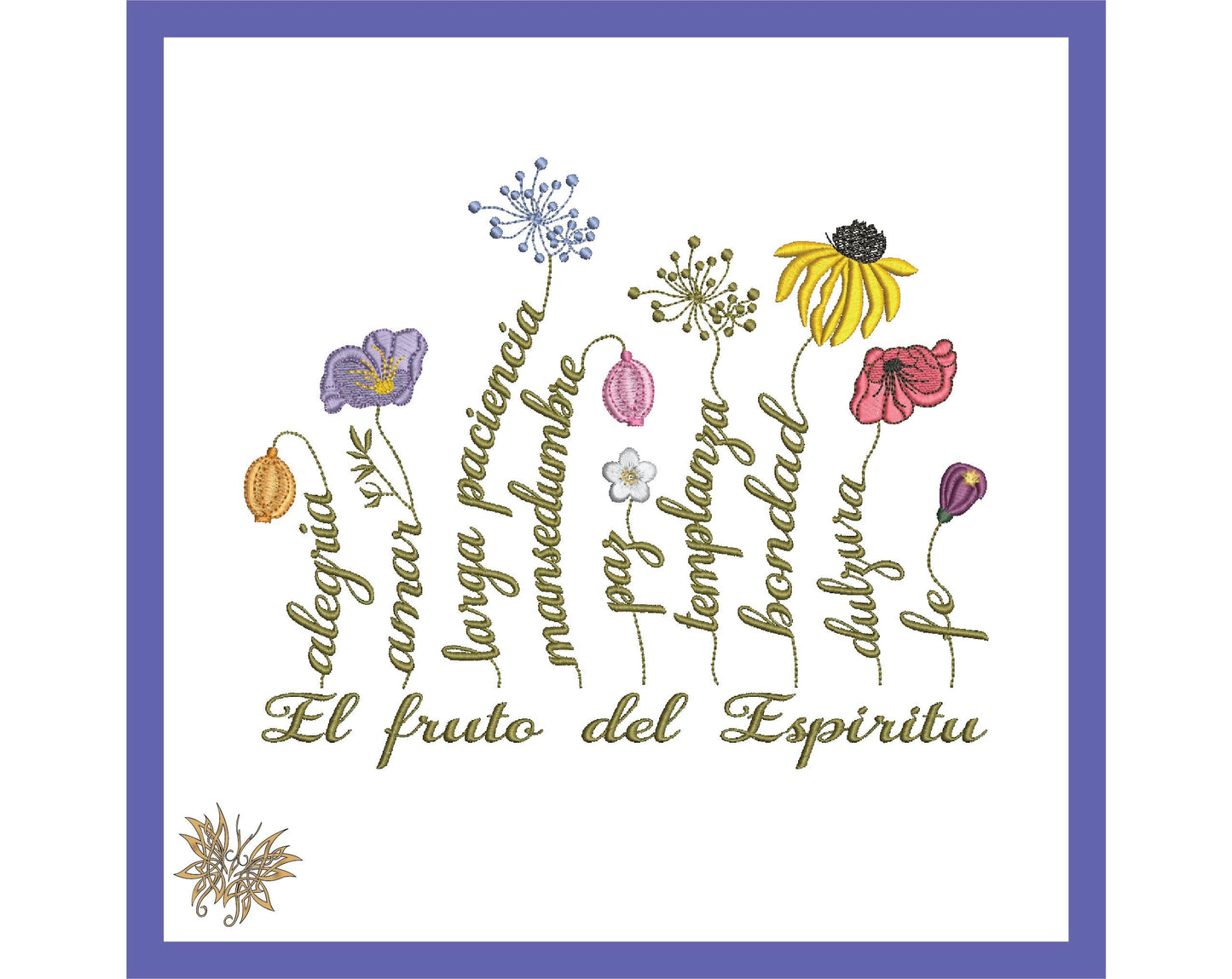 Wildflowers with Spanish text stems Bible Verse Machine Embroidery Design, Galatians 6:22-23 Scripture in 3 sizes  INSTANT DOWNLOAD