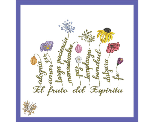 Wildflowers with Spanish text stems Bible Verse Machine Embroidery Design, Galatians 6:22-23 Scripture in 3 sizes  INSTANT DOWNLOAD