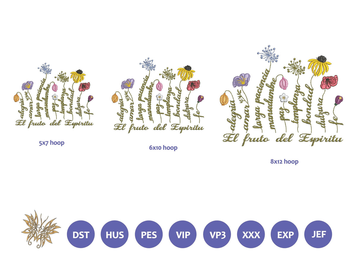 Wildflowers with Spanish text stems Bible Verse Machine Embroidery Design, Galatians 6:22-23 Scripture in 3 sizes  INSTANT DOWNLOAD