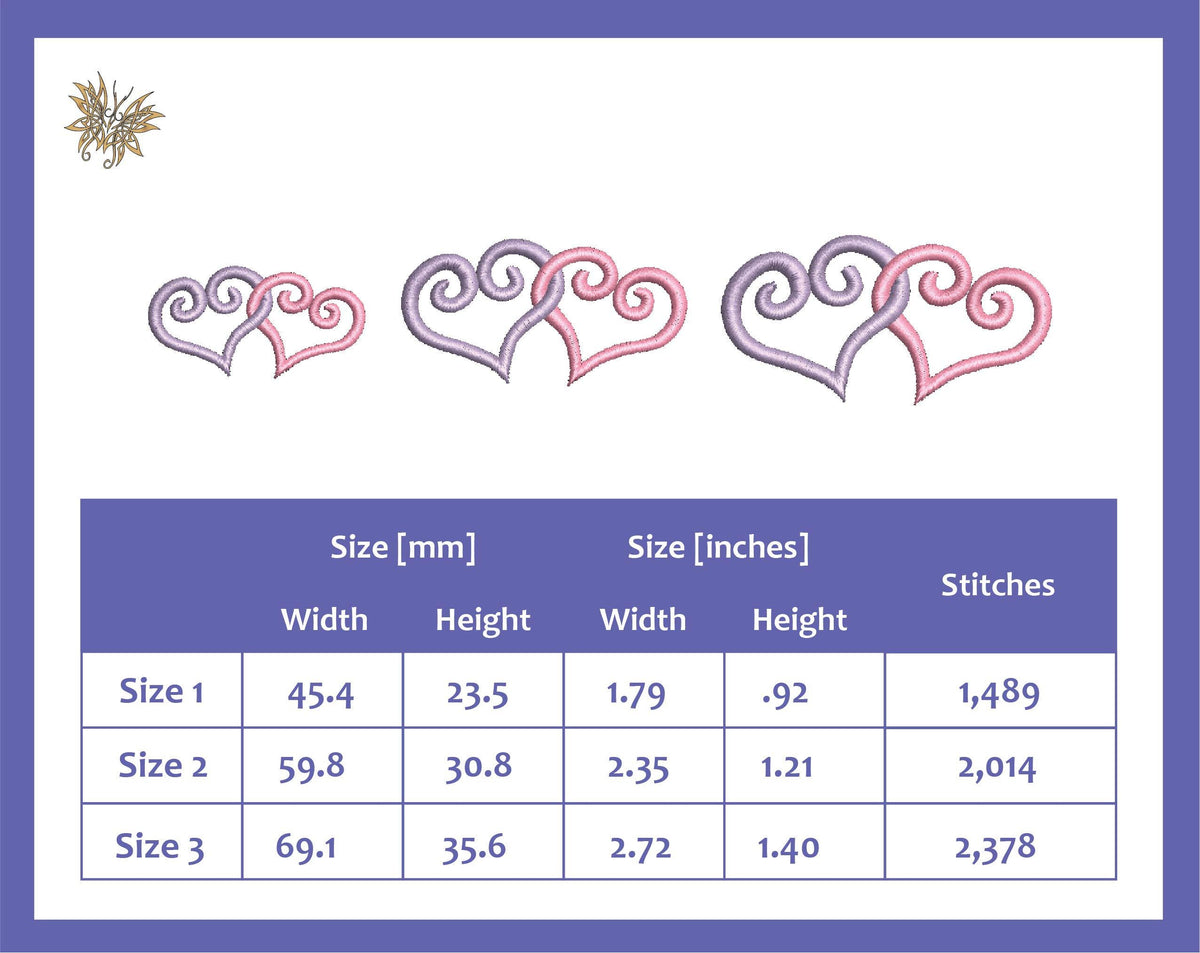 Small Intertwined Hearts, two joined hearts in 3 sizes and 8 formats. Sleeve cuff machine embroidery decoration. INSTANT DOWNLOAD