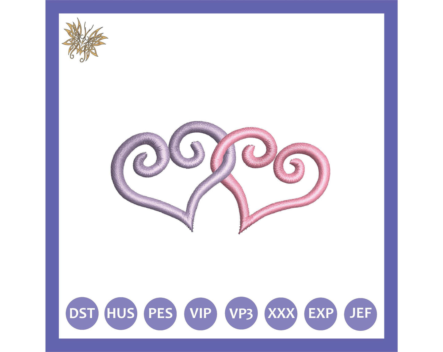 Small Intertwined Hearts, two joined hearts in 3 sizes and 8 formats. Sleeve cuff machine embroidery decoration. INSTANT DOWNLOAD