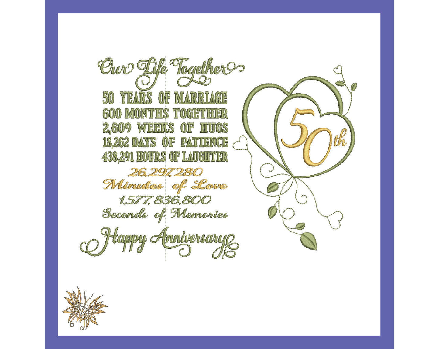 50th Anniversary Machine Embroidery Design for DIY Gift to frame for Mom, Parent, or Spouse.  3 sizes, 8 formats  INSTANT DOWNLOAD