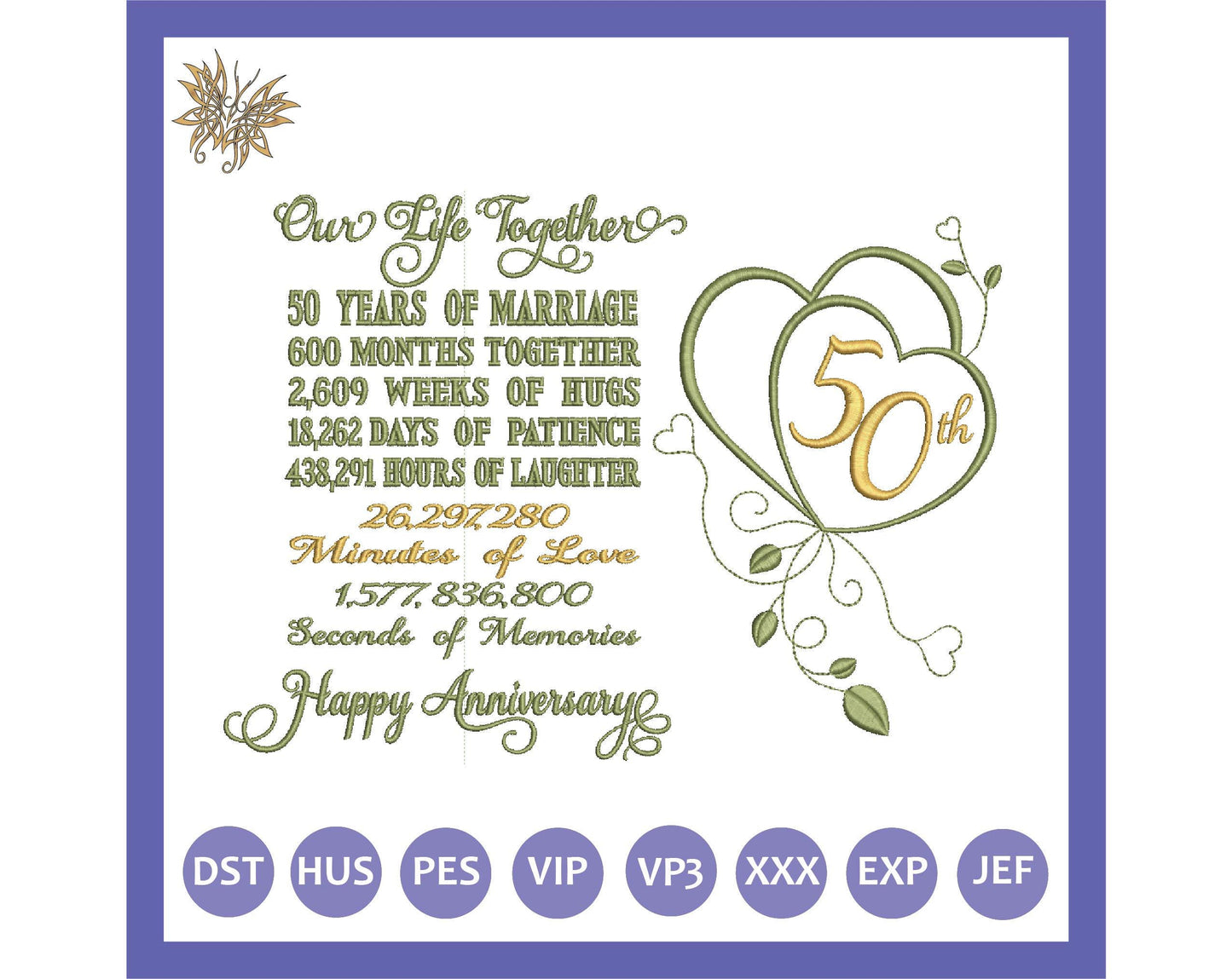 50th Anniversary Machine Embroidery Design for DIY Gift to frame for Mom, Parent, or Spouse.  3 sizes, 8 formats  INSTANT DOWNLOAD