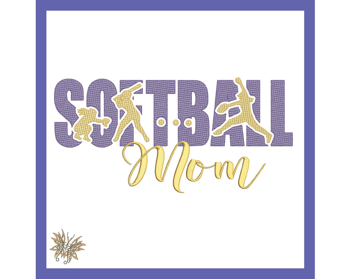 Softball Players Mom Machine Embroidery Design Files with cutout text for the Perfect Softball Mom Gift and Swag.  3 sizes, 8 formats.