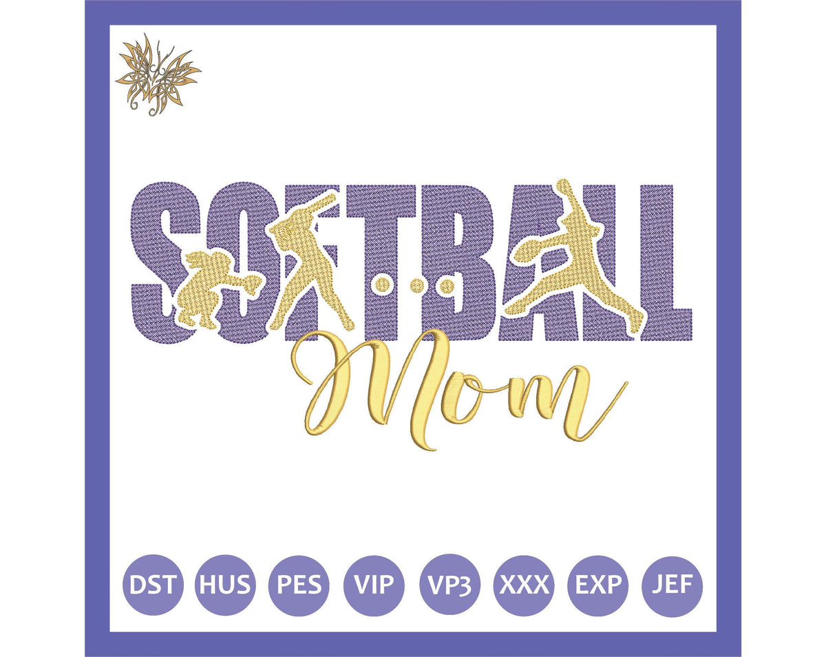 Softball Players Mom Machine Embroidery Design Files with cutout text for the Perfect Softball Mom Gift and Swag.  3 sizes, 8 formats.
