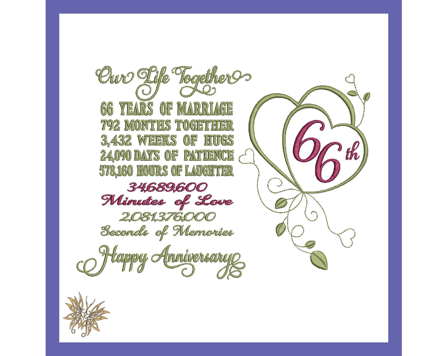 66th Anniversary Machine Embroidery Design for DIY Gift to frame for Mom, Parent, or Spouse.  3 sizes, 8 formats  INSTANT DOWNLOAD