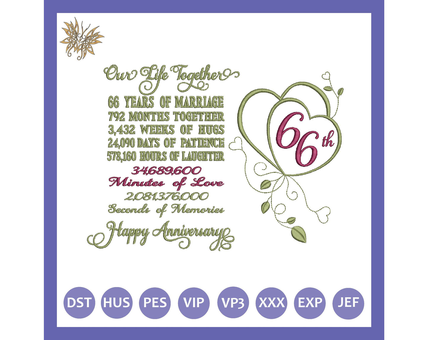 66th Anniversary Machine Embroidery Design for DIY Gift to frame for Mom, Parent, or Spouse.  3 sizes, 8 formats  INSTANT DOWNLOAD