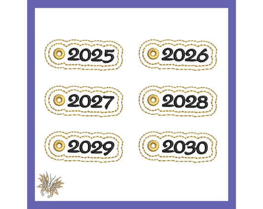 ITH Ornament year tags. Years 2024-2030 included in individual files Fits 1x2 hoop, 8 Formats including PES, DST, vp3 Instant Download