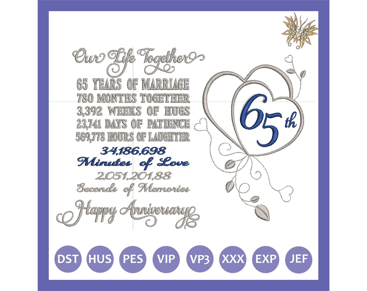 65th Anniversary Machine Embroidery Design for DIY Gift to frame for Mom, Parent, or Spouse.  3 sizes, 8 formats  INSTANT DOWNLOAD
