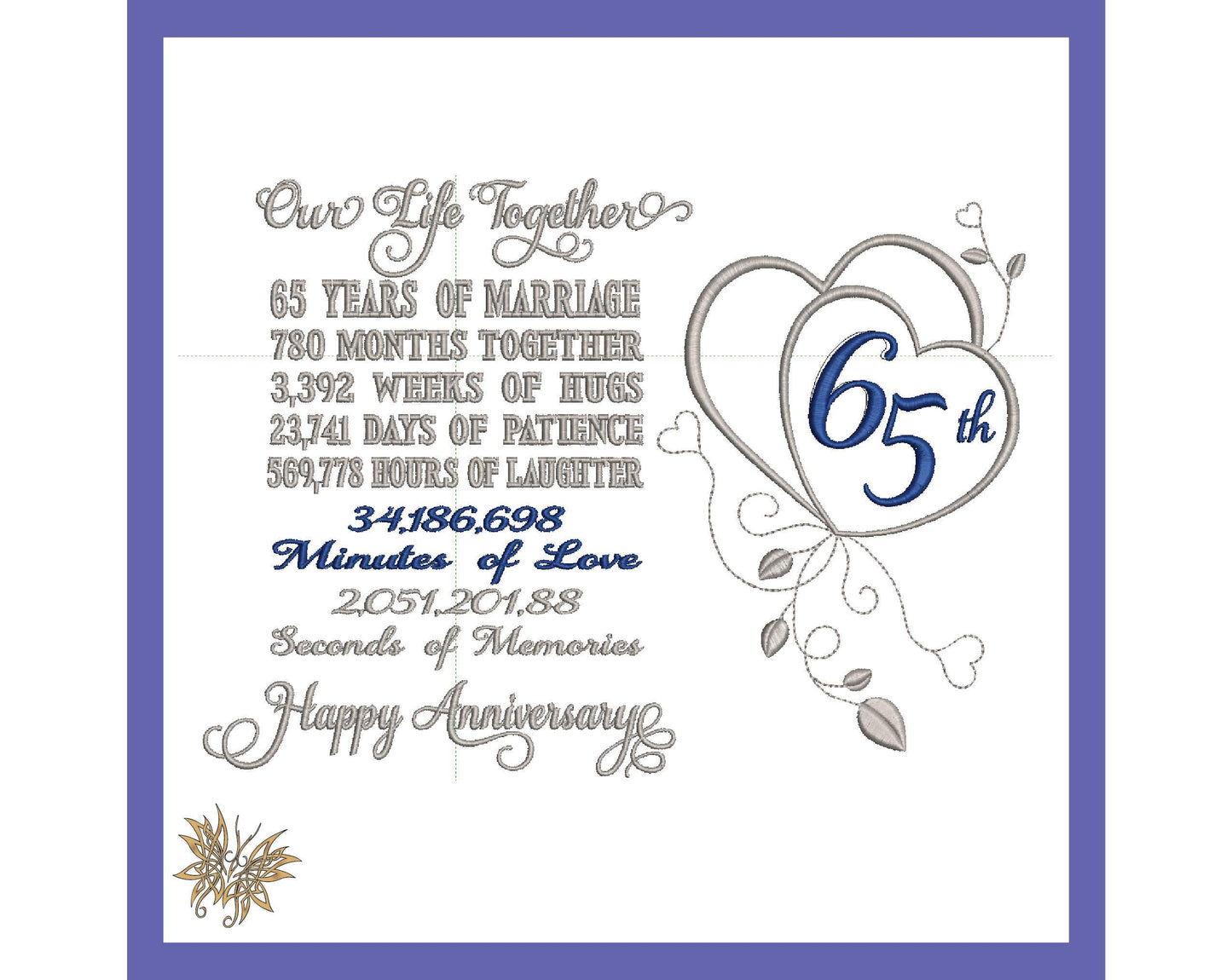 65th Anniversary Machine Embroidery Design for DIY Gift to frame for Mom, Parent, or Spouse.  3 sizes, 8 formats  INSTANT DOWNLOAD