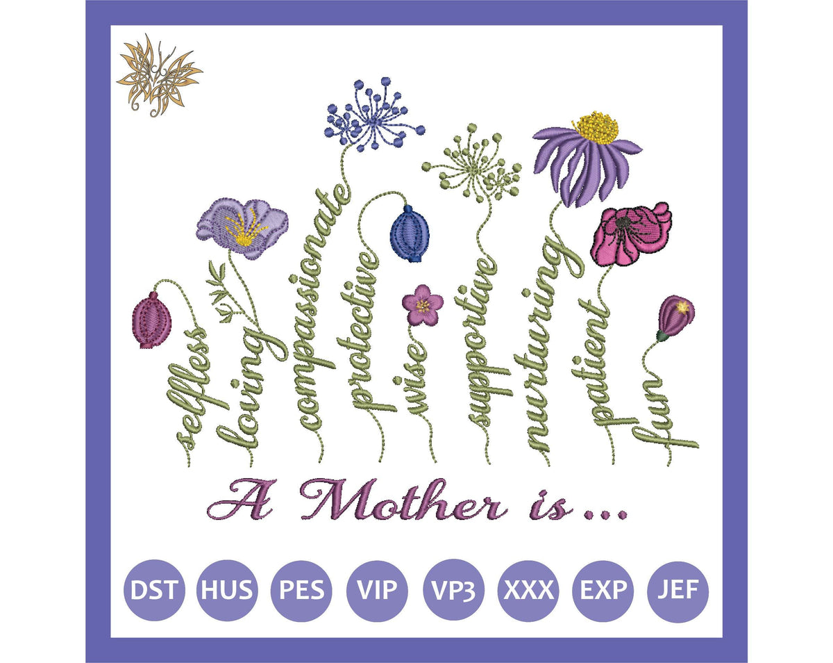 Wildflower Mother's Day Machine Embroidery Design, Floral Text (Instant Download)
