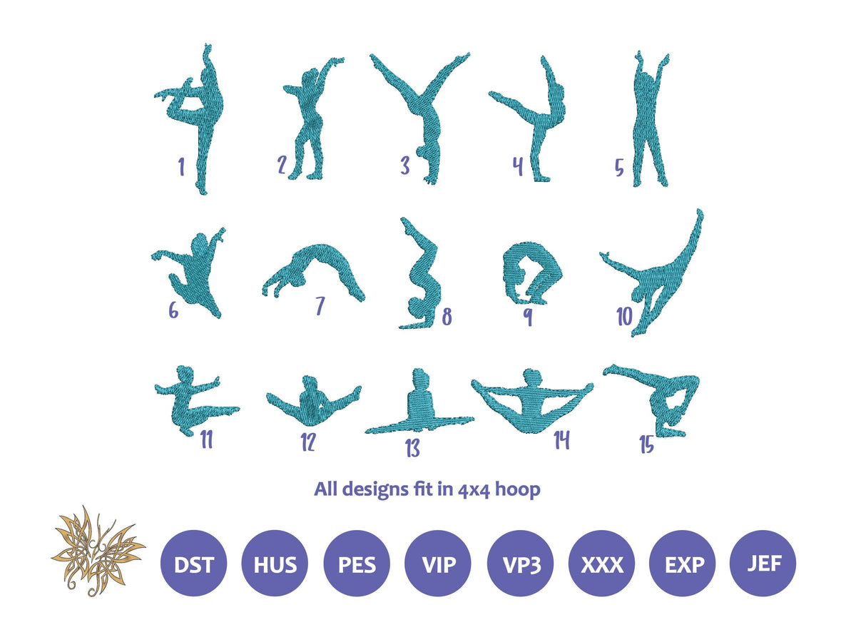Gymnast Silhouettes Machine Embroidery Design, 15 Poses (4x4 Hoop) approx 60mm or 2 1/4 inches
