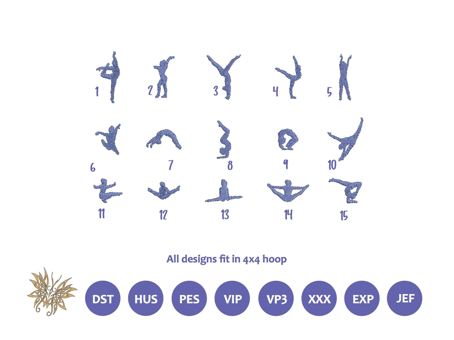 Tiny Gymnast Silhouettes Embroidery Machine Design, 15 Poses (4x4 Hoop) approx 40mm or 1 1/2 inches