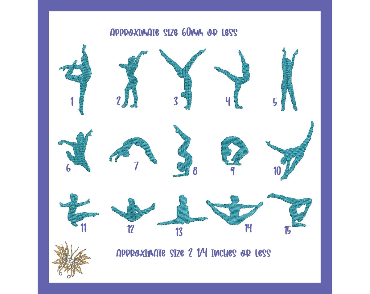 Gymnast Silhouettes Machine Embroidery Design, 15 Poses (4x4 Hoop) approx 60mm or 2 1/4 inches