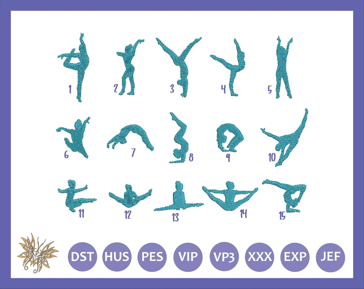 Gymnast Silhouettes Machine Embroidery Design, 15 Poses (4x4 Hoop) approx 60mm or 2 1/4 inches