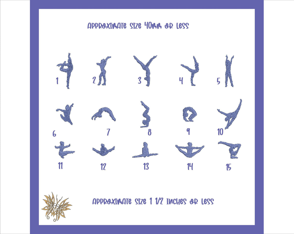 Tiny Gymnast Silhouettes Embroidery Machine Design, 15 Poses (4x4 Hoop) approx 40mm or 1 1/2 inches