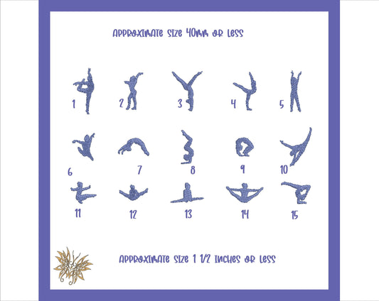 Tiny Gymnast Silhouettes Embroidery Machine Design, 15 Poses (4x4 Hoop) approx 40mm or 1 1/2 inches