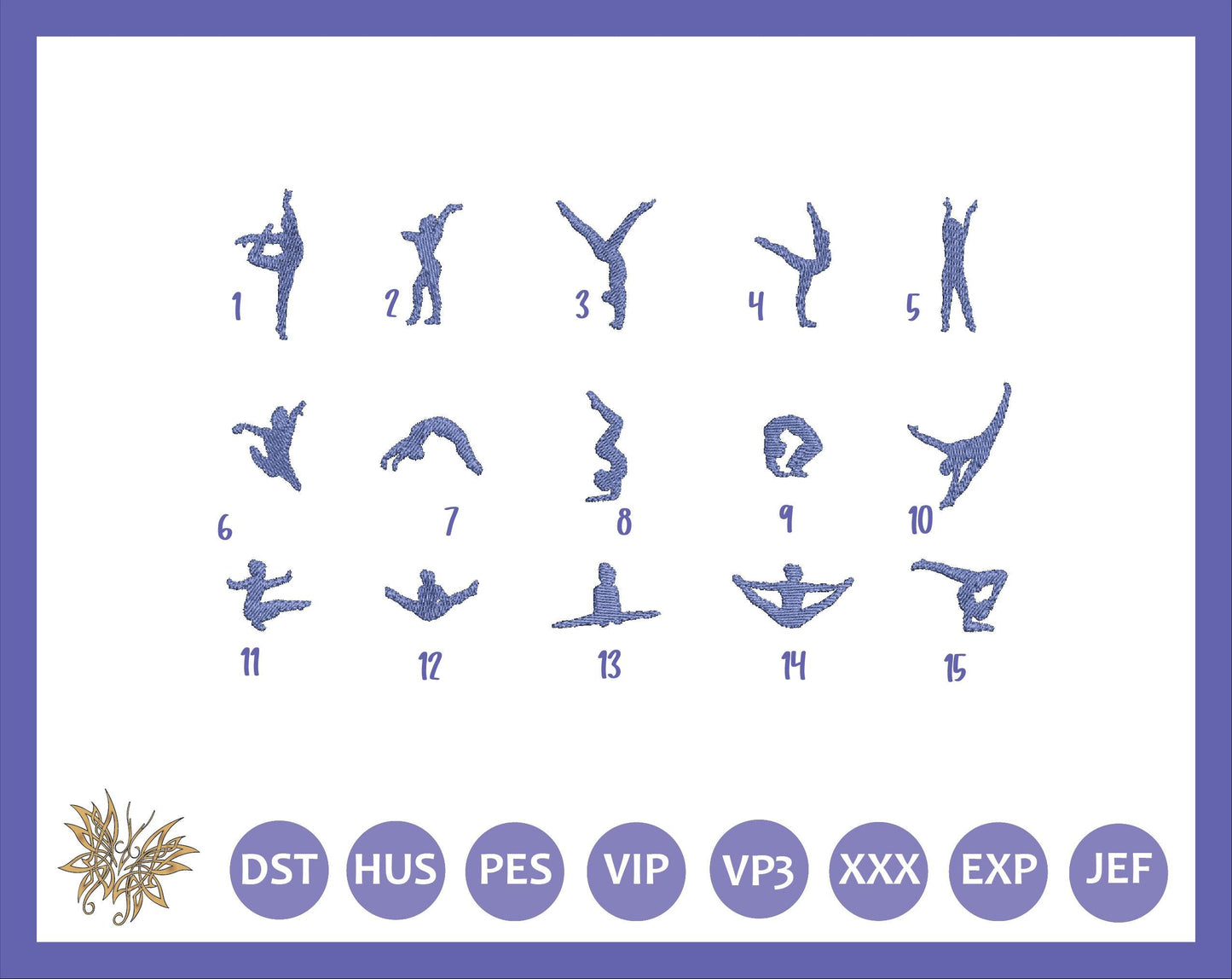 Tiny Gymnast Silhouettes Embroidery Machine Design, 15 Poses (4x4 Hoop) approx 40mm or 1 1/2 inches