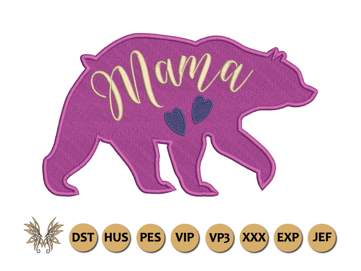 Bear Embroidery Design sized for favourite Mama hat, t-shirt or sweatshirt. In 3 sizes 8 formats including DST PES VP3. Download Now