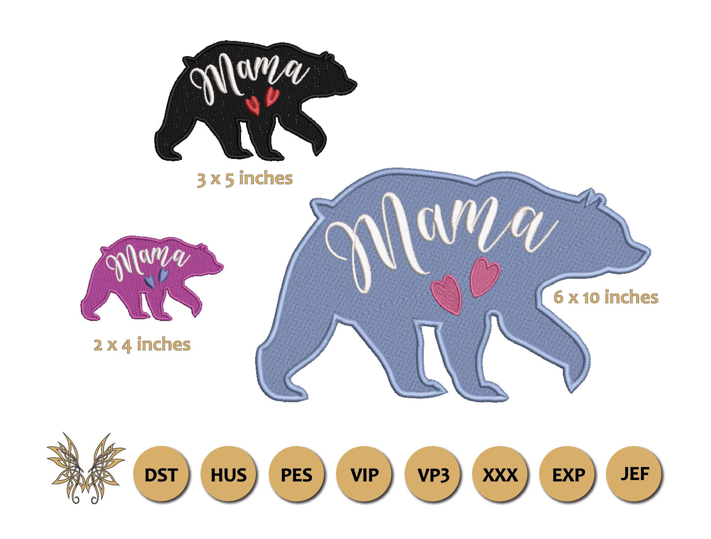 Bear Embroidery Design sized for favourite Mama hat, t-shirt or sweatshirt. In 3 sizes 8 formats including DST PES VP3. Download Now
